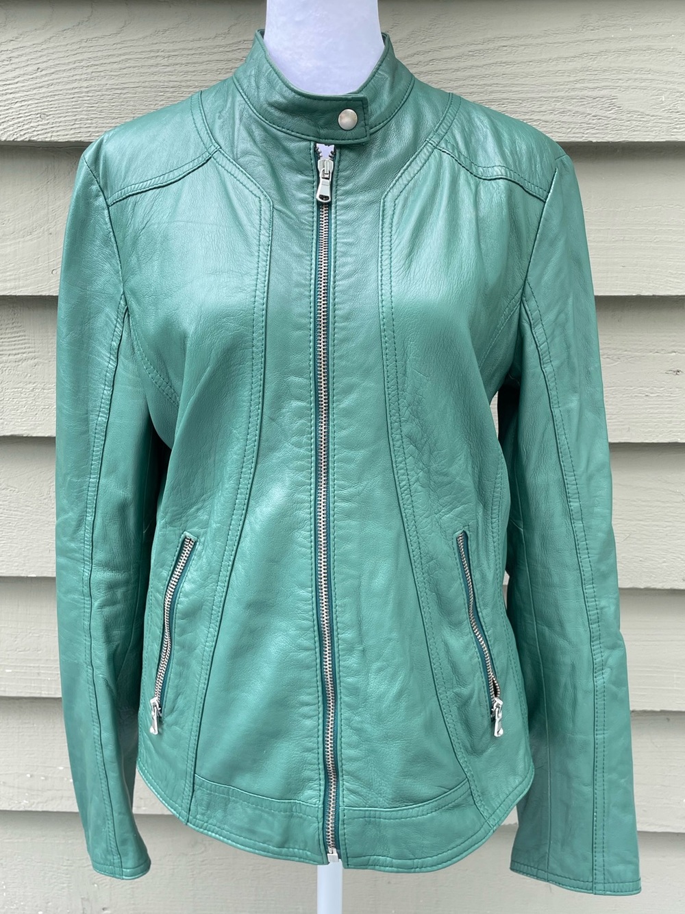 L.Y.N.N. by Carla Ferreri Women's Mint Green Leather Zip-Front Jacket size Large - Picture 3 of 10